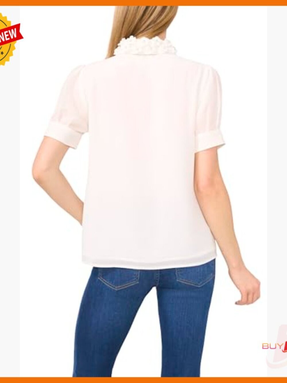 Embellished Collar Button Down Top, Short Sleeve, Polyester, Workwear - Picture 2 of 3